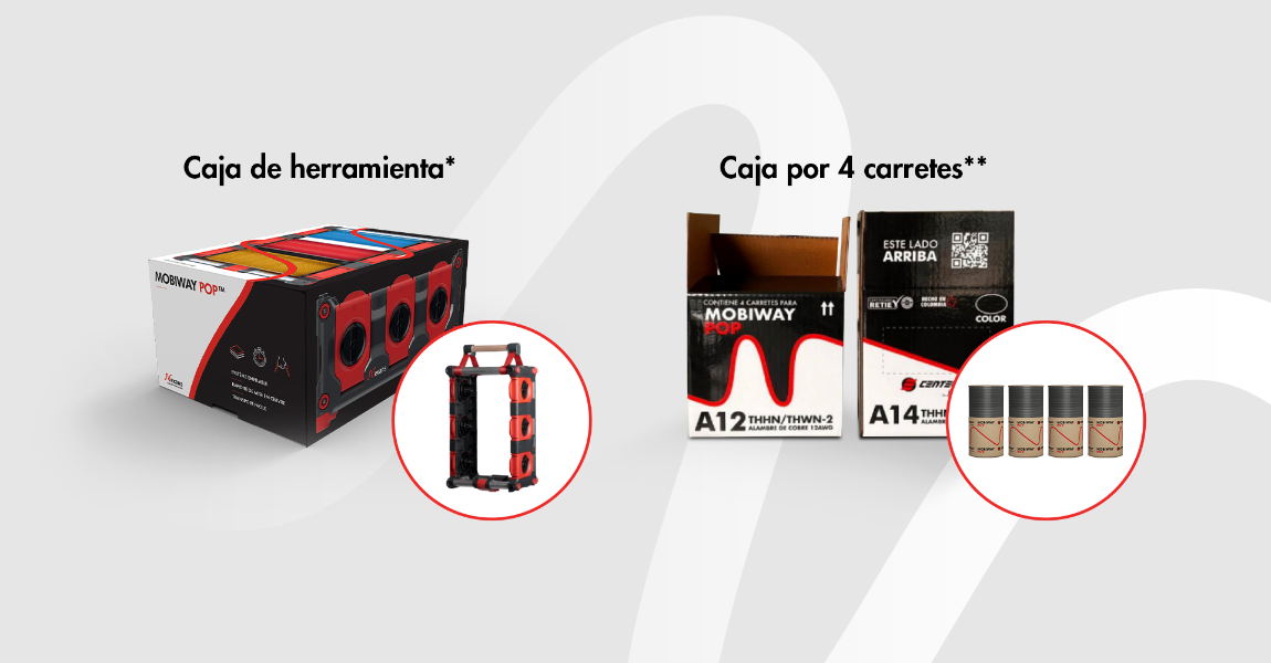 Caja de herramienta con una (1) unidad. Caja de carretes en cartón por cuatro (4) unidades del mismo color. 